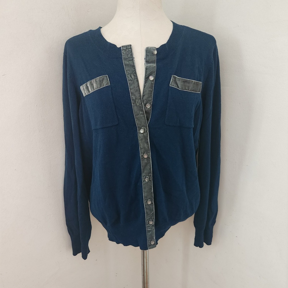 Linea by Louis Dell'Olio Womens Navy Blue‎ Velvet Trim Button Front Cardigan L